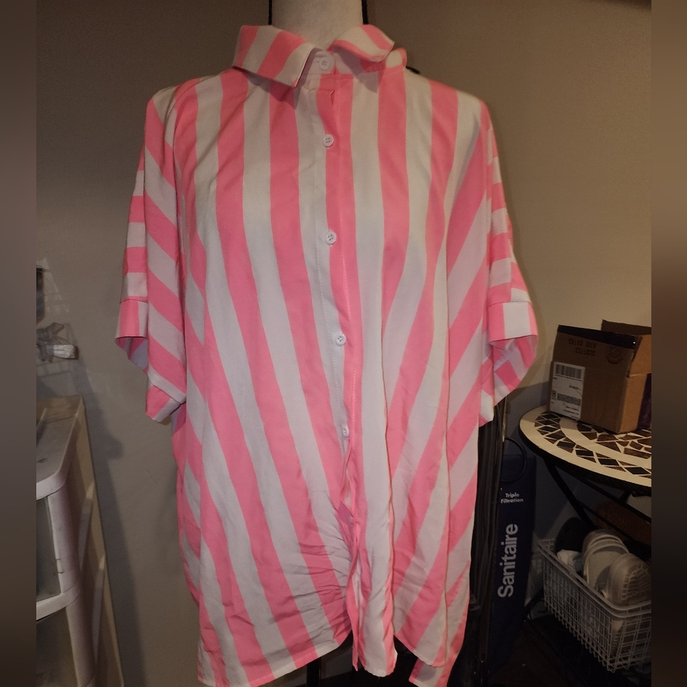 Shein Curve Pink and White Striped Button-Up Shirt 2XL